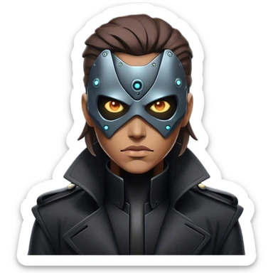 A dystopian bounty hunter, black trench coat, cybernetic eye glowing sticker