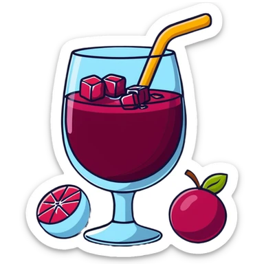 frozen sangria with lots of ice cubes, very cold, icy, with fruit pieces and wine sticker