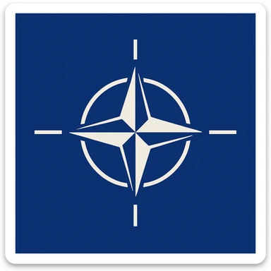 NATO flag with deep blue background and white compass rose emblem in the center, simple and iconic, flat vector style, no text sticker