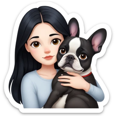 A beautiful girl with long black hair hugs a French bulldog sticker