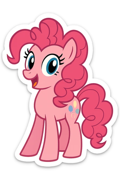 Pinkie Pie from My Little Pony, vibrant cartoon style, cheerful expression, pink color, curly mane and tail sticker