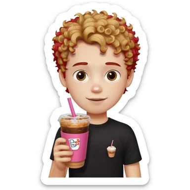 Boy white skin wearing cool black shirt with red words, boy has curly brown hair with blonde highlights give him a Dunkin iced coffee in hand. sticker