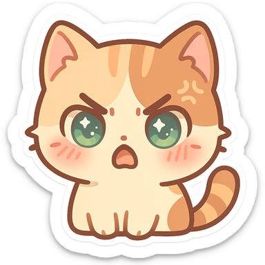 kawaii chibi-style cat emoji with pastel orange and brown cream fur, anime-style angry expression, sparkly green eyes, blushing cheeks, pastel color palette, soft rounded design, vector art sticker