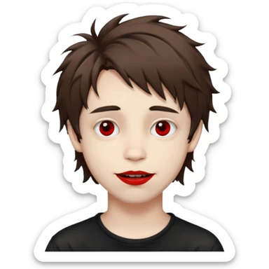 Happy pale Goth boy with shaggy brown hair, and messy, smudged, red, lipstick  sticker