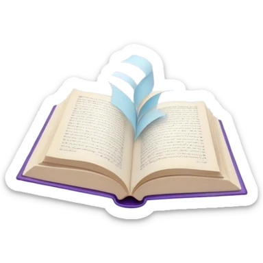 Create a dreamy, poetic emoji representing poetry. The design should feature several elegantly flying pages with short poetic columns written on them, surrounded by fluffy, soft clouds. White birds should be flying out from the clouds, creating a sense of freedom and inspiration. The pages and a white feather should symbolize creativity and poetic flow. Use pastel tones like light blues, purples, and creams for the pages and background, while the clouds should be soft and ethereal. The overall design should feel whimsical, serene, and full of poetic charm. Make the background transparent. sticker