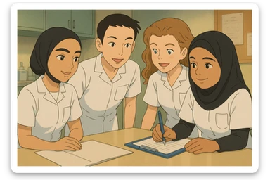 Four nursing students inspired by the four provided faces, collaborating in a care station, in Ghibli style. They wear short-sleeved white uniforms, medical tunics with V-neck and left chest pocket, no stethoscopes or clothing extending beyond sleeves. They share a moment of professional complicity, positive and caring atmosphere. sticker
