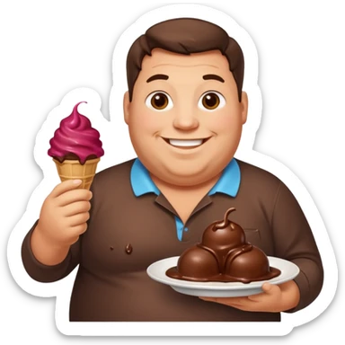 A fat man with a plate of chocolate ice cream sticker