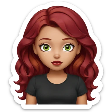 a pretty fair bratz girl with wavy dark red hair, wearing a black tee. eyeliner on, olive green eyes. Till stomach sticker