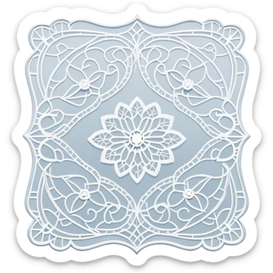 Lace making icon, partially finished lace patterns, shuttle and thread in use, intricate designs, lacework in progress, minimalistic style, clean lines, transparent background. sticker