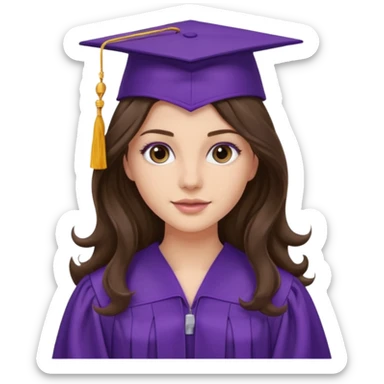 pretty brunette with long wavy hair wearing a purple graduation cap and gown sticker