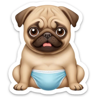The pug poops on a diaper and looks into the frame with a funny face sticker
