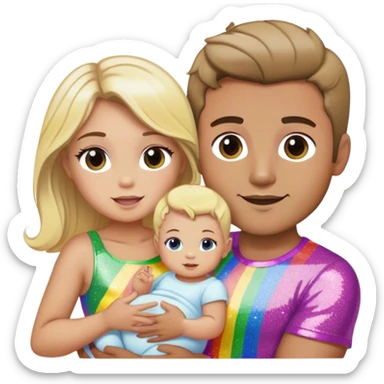 Brunette man and brunette woman with blonde baby gay rainbow glitter pride sticker