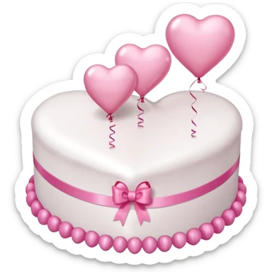 white heart shaped birthday cake with pink bow, pink balloons in background  sticker