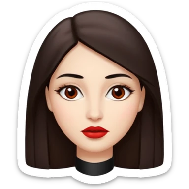 A woman emoji with fair skin, long straight dark brown hair parted in the middle, an oval-shaped face, arched dark eyebrows, almond-shaped brown eyes, a small nose, and full lips colored with red lipstick. sticker