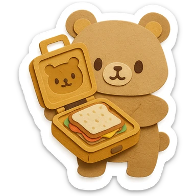 chibi sandwich maker-bear hybrid, opening with a cute sandwich inside, creamy brown, full-body sticker