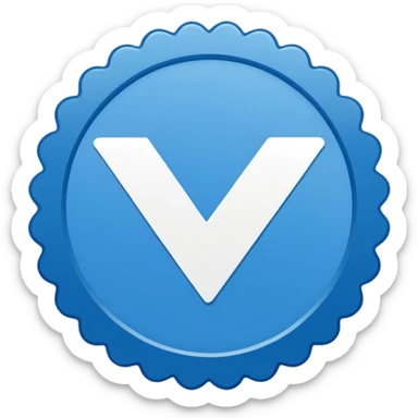 Flat blue verification badge emoji, scalloped circular shape, bold white checkmark in center, clean vector style, no text, no gradient, transparent background, emoji icon. sticker