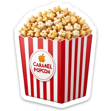 flat design caramel popcorn in red and white striped box, minimal details, Apple emoji aesthetic sticker