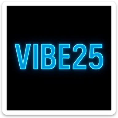 Redesign the VIBE25 logo to be highly legible at small sizes with bolder, simpler lettering and increased spacing. Keep the Tron-inspired neon blue glow and solid black background. Minimize fine details for clarity and readability at small scale, preserving the overall futuristic neon aesthetic. sticker