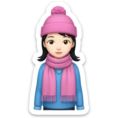 Kid wearing pink hat and scarf, black hair, full body sticker