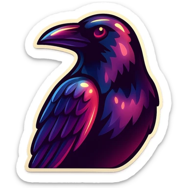 A large, expressive crow in retro sticker style, with detailed chiaroscuro and volume, rendered in various shades of gray. Clear contours, bright details, vintage atmosphere, no gradients. sticker