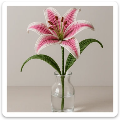 one french beaded stargazer lily with pink petals and white edges, displayed in a clear glass vase, intricate beadwork details, realistic floral composition sticker