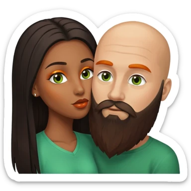 Brown eyed ebony black woman with brown eyes and long balayage brown/black hair.  She is kissing bald white man. The White man is 47yrs old, pale, he has green eyes has orange facial hair and long beard  sticker