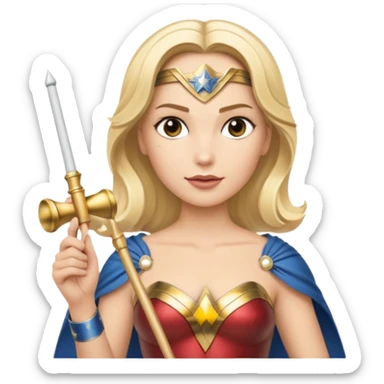 Blonde Wonder Woman holding short white orchestra conductor’s baton and bell sticker