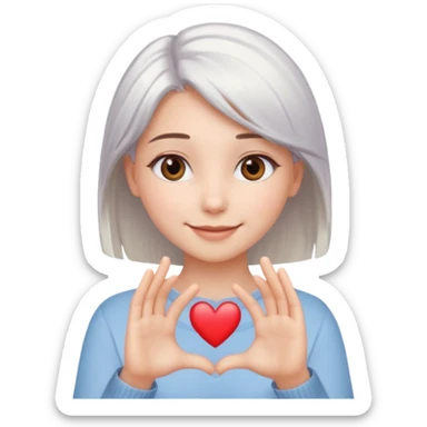 Beautiful girl. Platinum-colored hair just below the shoulders, straight, brown eyes, sweet smile. Hands in the shape of a heart. sticker