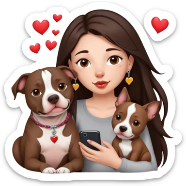 Young girl with long dark brown layered hair hair sits with her one dog who is a pretty girl pitbull with her cell phone in her hand in a small septum ring in her nose was hearts flying all around her sticker