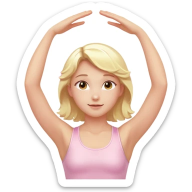 angelic blonde girl stretching in light pink gym with a glowing halo sticker