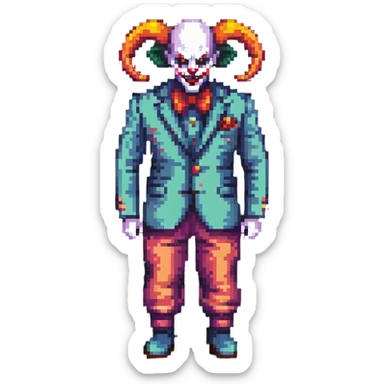 demonic clown wearing a leisure suit, bald with ram horns sticker