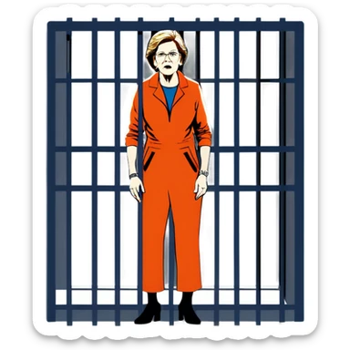 Make a picture of Senator Elizabeth Warren wearing an orange jumpsuit and behind bars make her look worried extremely worried like she just got sentenced  sticker