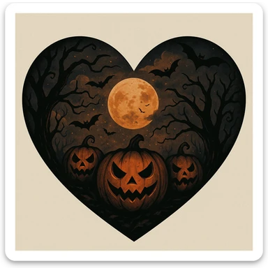 heart with Halloween theme, spooky, pumpkins, bats, dark colors sticker