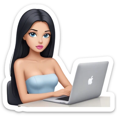 Glamours tanned very beautiful girl with pump light pink lips and black straight smooth long hair, blue-grey eyes in white strapless bodysuit with one MacBook in office sticker