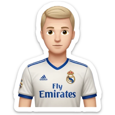White male wearing Adidas Real Madrid jersey with Champions logo on sleeve and Fly Emirates on chest sticker