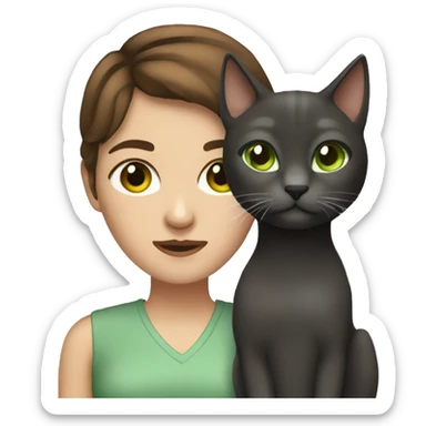  Woman with short brown hair holding a Dark graycat with light green eyes sticker