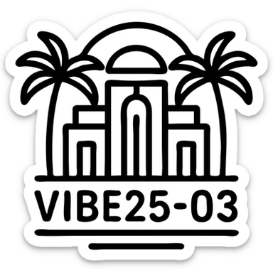 Make this VIBE25-03 logo more Miami Vice inspired by adding 80's Miami palm trees, art deco shapes, and a cool, stylish retro summer vibe, keeping it black and white with no background. sticker