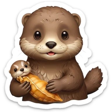 adorable otter floating on water, holding a shell sticker