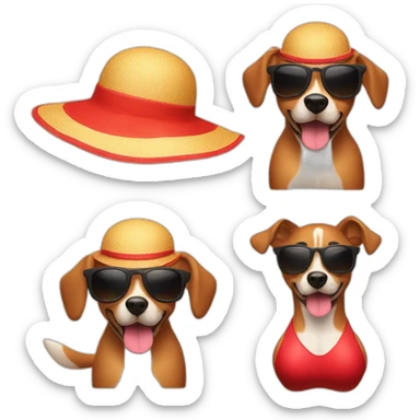 A dog wearing a little red bikini with the sun in the background, on a beach, sunglasses, sun hat, in the style of an Apple Memoji  sticker