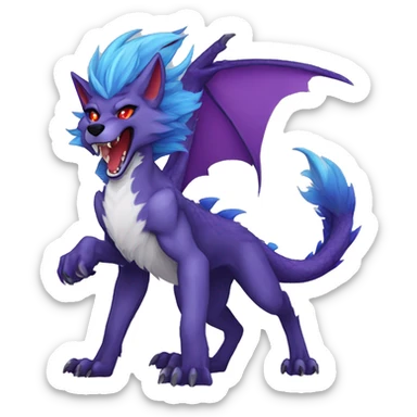 my fursona male stormkiller dragon wolf shankbat/foxtiger hybrid  with purple hair and red eyes and blue scales and hand wave  sticker