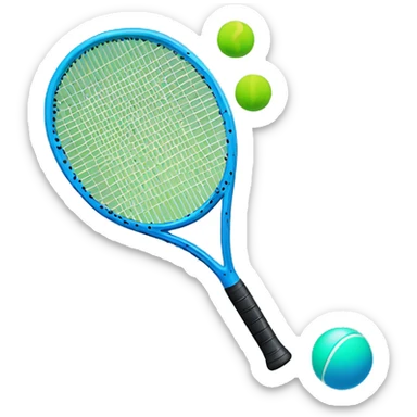 Blue racquet with blue handle an a small black ball with a green dot sticker