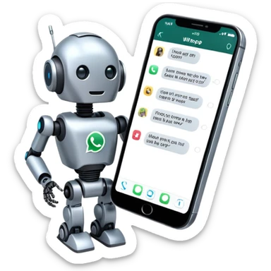 iPhone with WhatsApp chat screen showing a conversation with a robot or AI chatbot sticker
