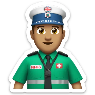 Male paramedic, uk ambulances service green uniform with NHS logo and ambulance crown crest on pockets, brown hair, light tanned skin sticker