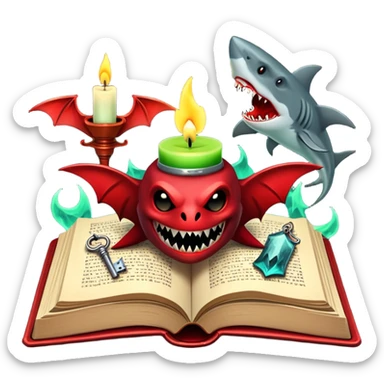 Icon for Horror & Mystery Reading: an open book with eerie glowing symbols, from which rise Dracula with fangs, flying bats, a zombie hand, and a lurking shark with sharp teeth. Surrounding elements include a flickering candle and an old key. Transparent background. sticker