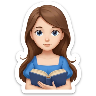 Cinematic Elegant Belle Portrait Emoji, Sitting with an open book, eyes dreamy with thought, her iconic blue village dress draped gracefully, exuding intelligence, kindness, and timeless charm! sticker