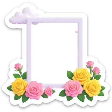 Polaroid photo frame with yellow roses and a pink sky with stars and clouds, detailed, visible Polaroid frame, white background sticker