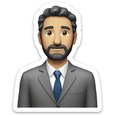 white man in a gey suit short dark beard standing in  pesentation sticker