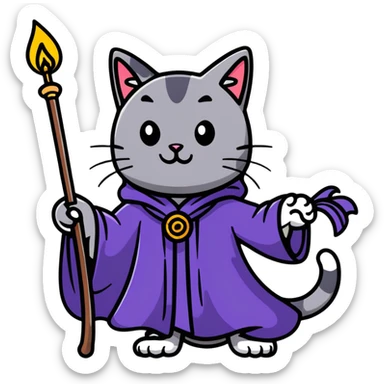 A cat wizard casting a spell with magical staff and flowing robes sticker