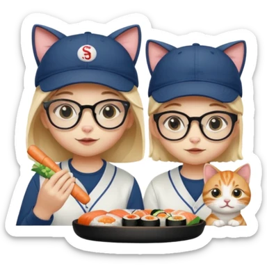 cute girl cat wearing glasses and a cute boy cat wearing a baseball cap eating sushi together sticker