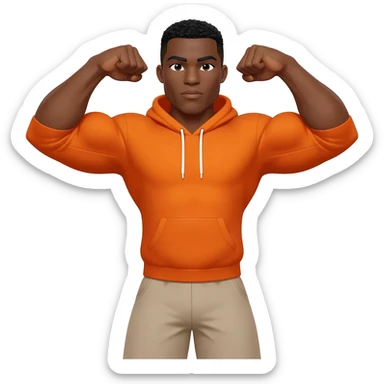 Black male look superstrong and big arms orange hoodie and beige short and black hair full body sticker